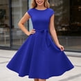 thumbnail image 4 of Dresses for Women Short Sleeve Crew Neck Solid Color Tie Waist Elegant Midi Party Dress Blue L, 4 of 6
