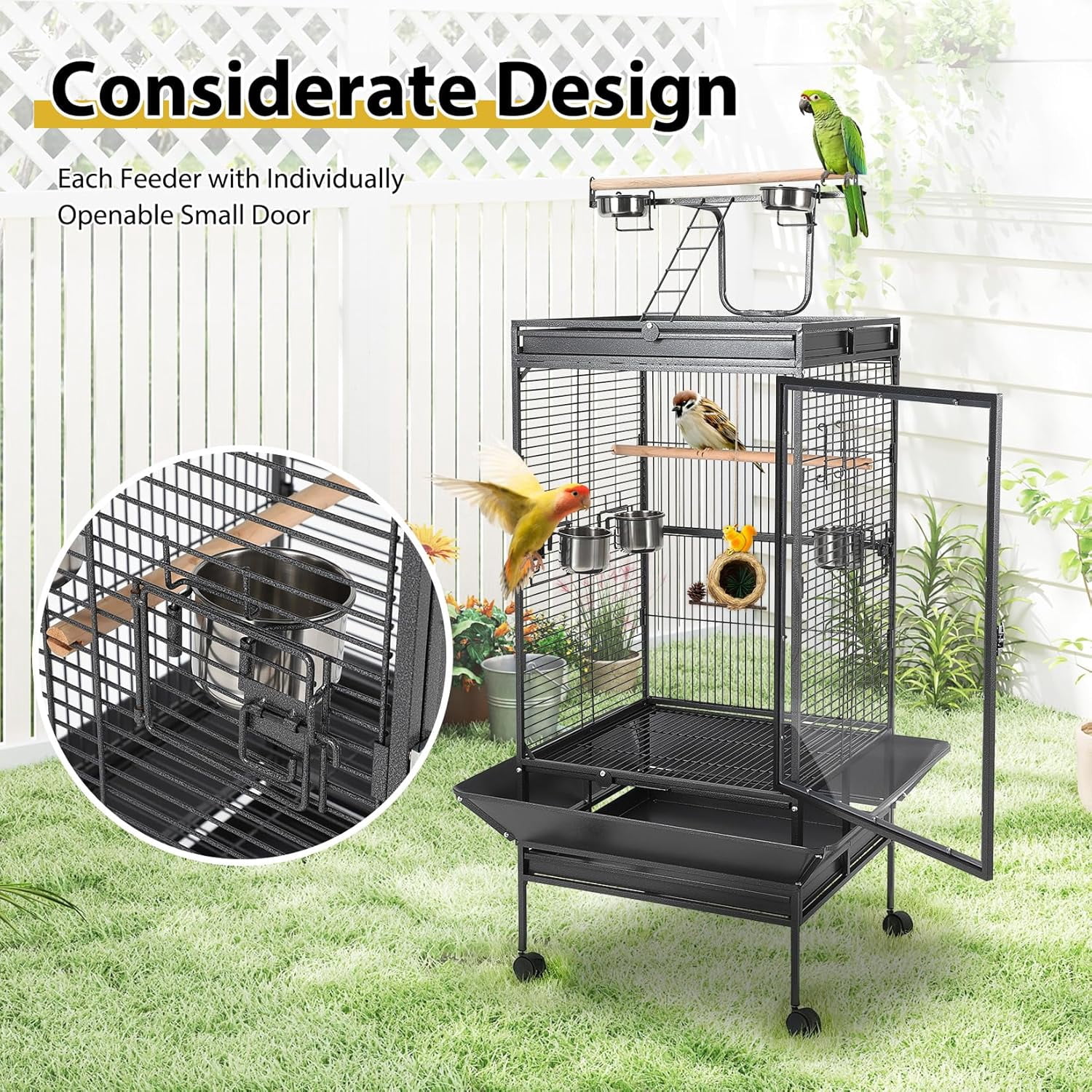 QinaQin Large Bird Cage with Play Top,Rolling Stand & Bowls,Metal Parrot Aviary,Indoor/Outdoor Use,Porch,Yard,Black