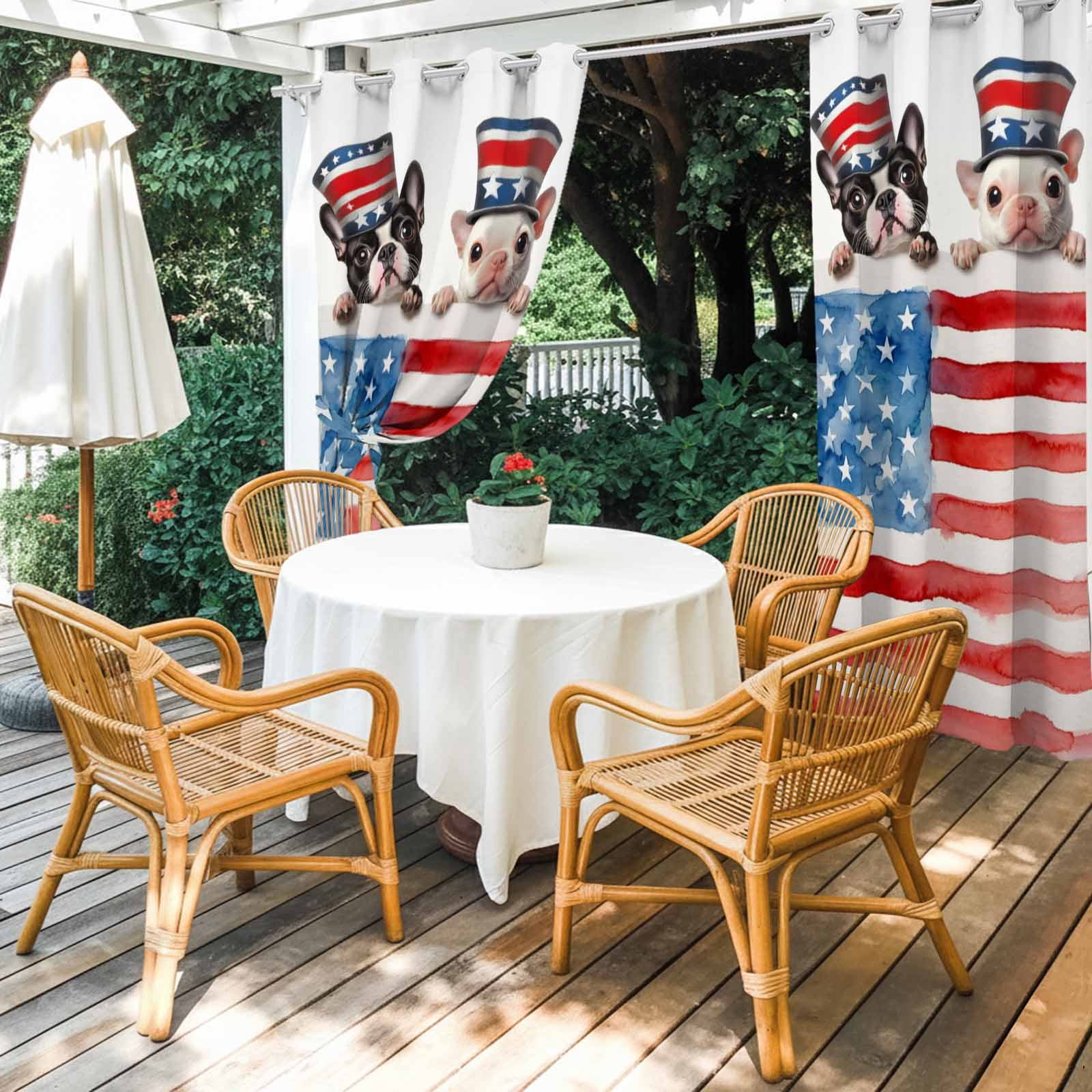 Independence Day Outdoor Curtains for Patio, Watercolor Red Blue Flag Hat Dog Parrot Sunshade Privacy Drapes Grommet Waterproof Outside Curtains for Porch/Cabana/Balcony 54"x 108", 1 Panel