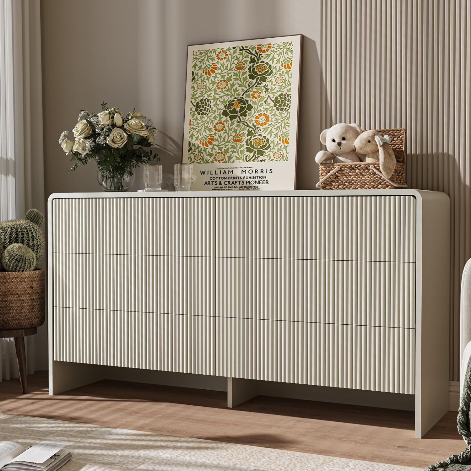 FURNIWAY Beige Curved 6 Drawer Dresser, Modern Long Dresser for Bedroom, Living Room, or Entryway, Push to Open Storage Chest, Minimalist Scandinavian Style