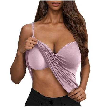 Women Plunge Deep V Neck Tanks with Build In Bra Spaghetti Straps Camis Sleeveless Tshirt Pure Color Camisole Trendy Casual Tank Top Summer Homewear