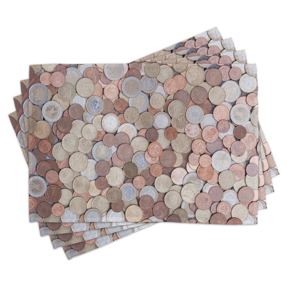 Money Place Mats Set of 4, Close up Photo of Coins European Union Euros