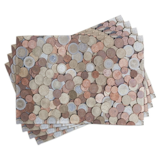 Money Place Mats Set of 4, Close up Photo of Coins European Union Euros