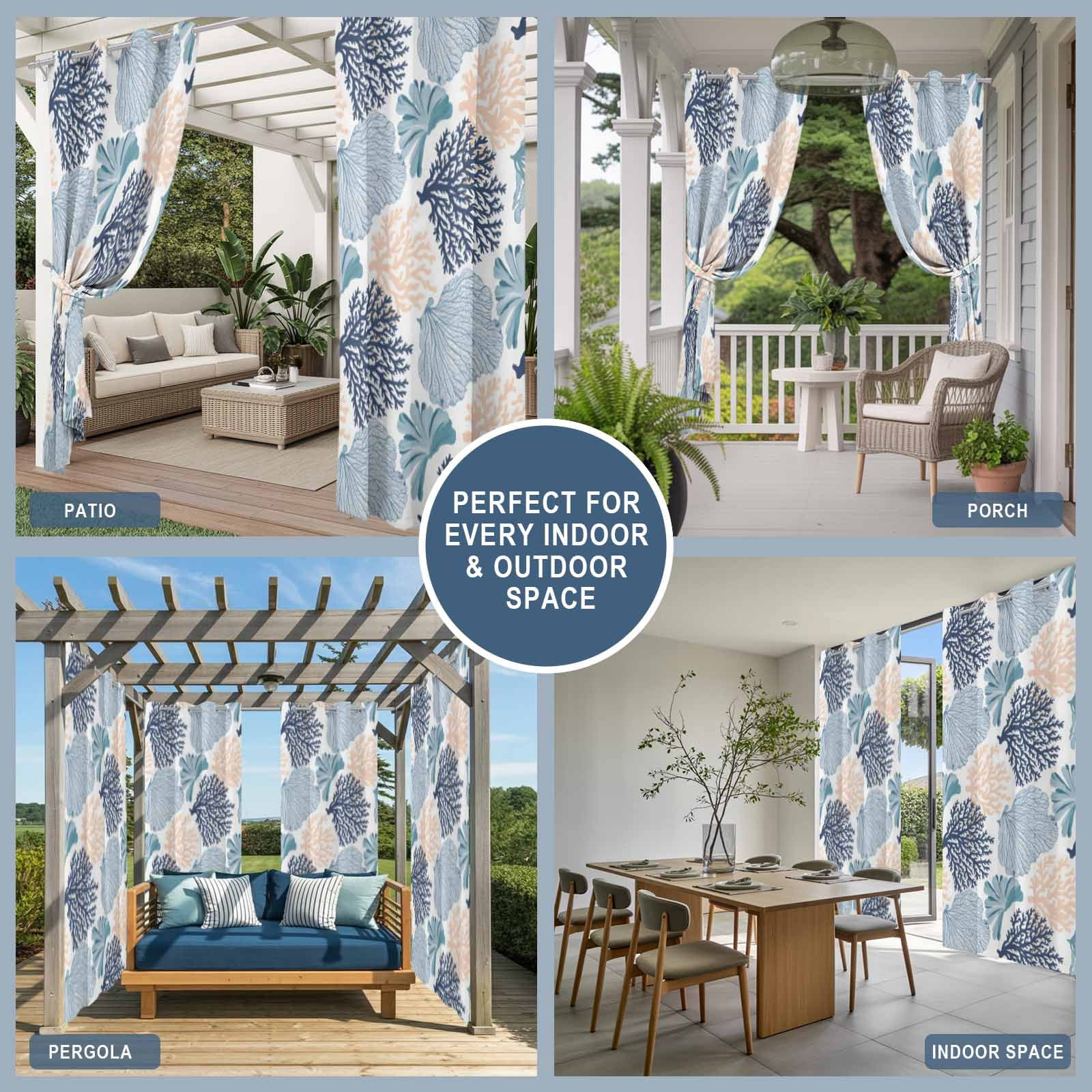 Ocean Coral Outdoor Curtains for Patio, Teal Beige Coral Reef Sea Fan Underwater Plants Sunshade Privacy Drapes Grommet Waterproof Outside Curtains for Porch/Cabana/Balcony 54"x 108", 1 Panel