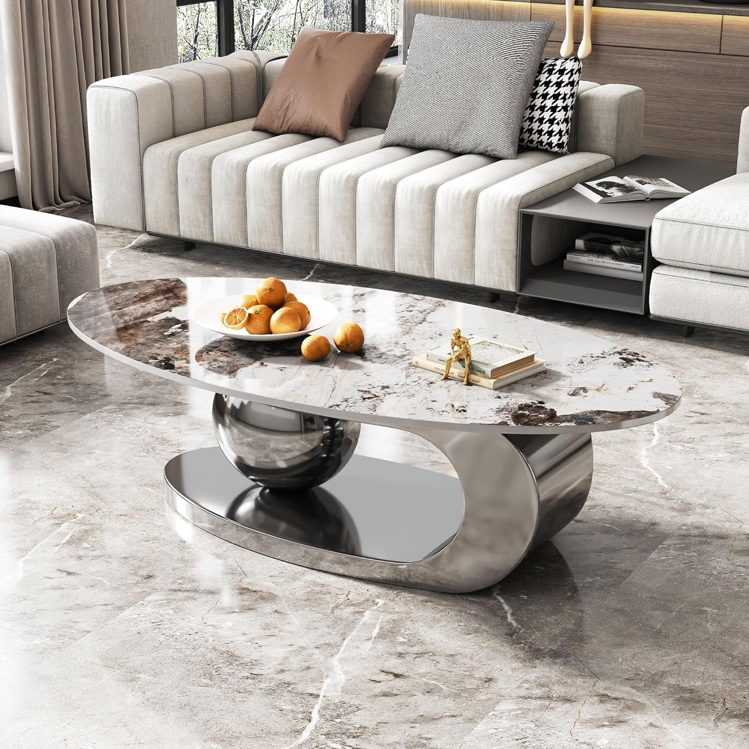 49.2" Modern Oval Marble Coffee Table – Gray Stainless Steel Base, Scratch-Resistant, Easy Assembly