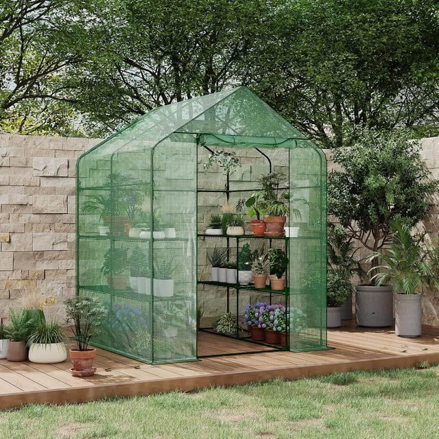 Bingirl 57x57x77 Inch Portable Walk-In Greenhouse With Three Tiers Of 12 Shelves And One Door Without Windows