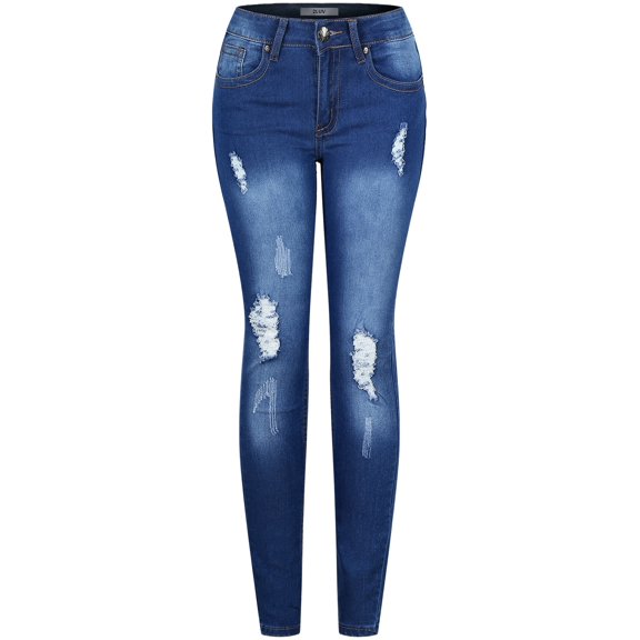 2Luver, Women's, Stretchy 5 Pocket Skinny Distressed Denim Jeans, Medium Denim, 9