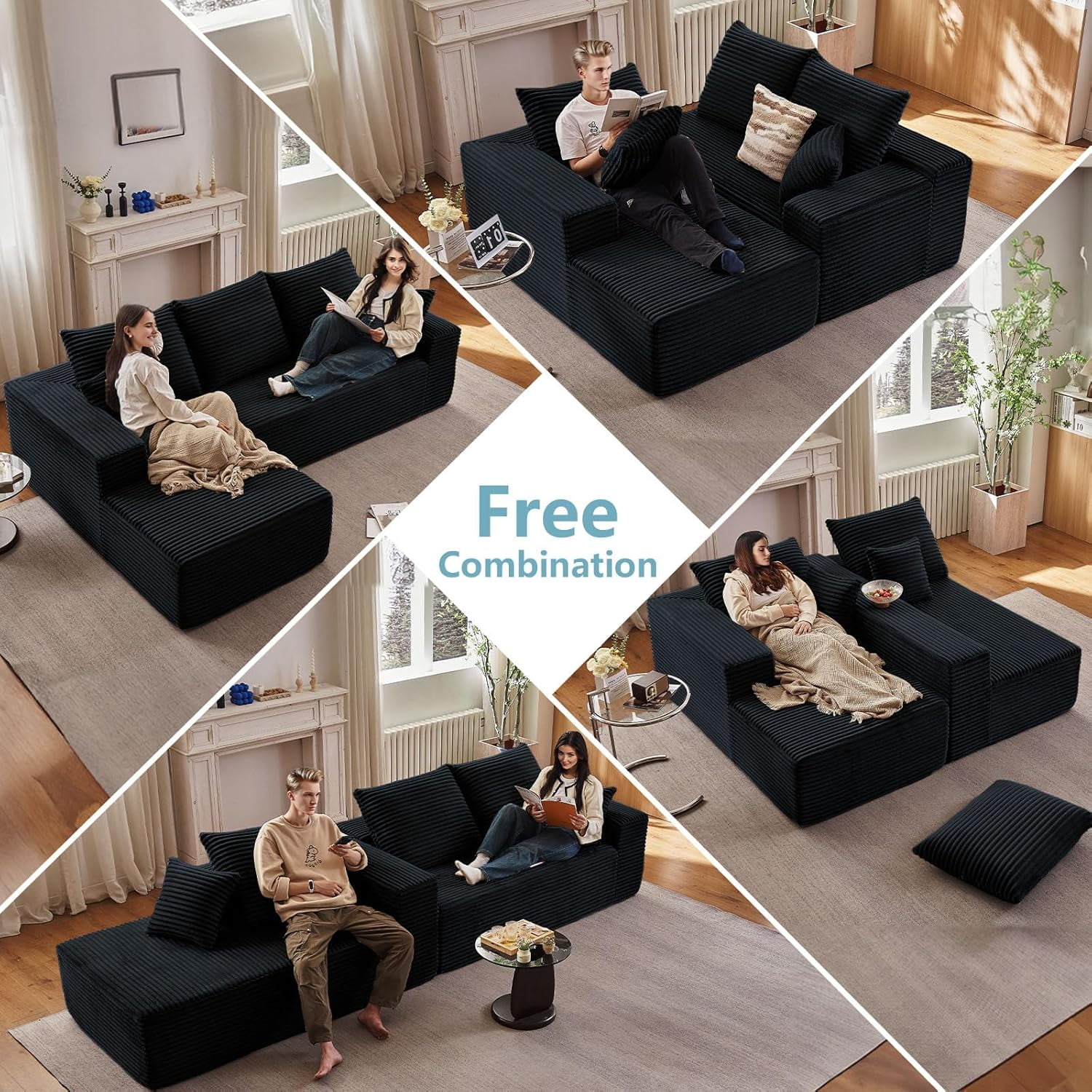 LUCKHAO Left-Facing Chaise Corduroy Tufted Sectional Sofas with 3 Large Cushions, Black
