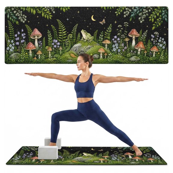 Yoga Mat Moon Star Frog Yoga Mats with Strap & Shortage Bag Non Slip Workout Mats Absorbent Cushion Pad Mushroom Wildflower Fern Forest Animal Exercise Mat for Yoga Pilates Home Gym 72"x24"