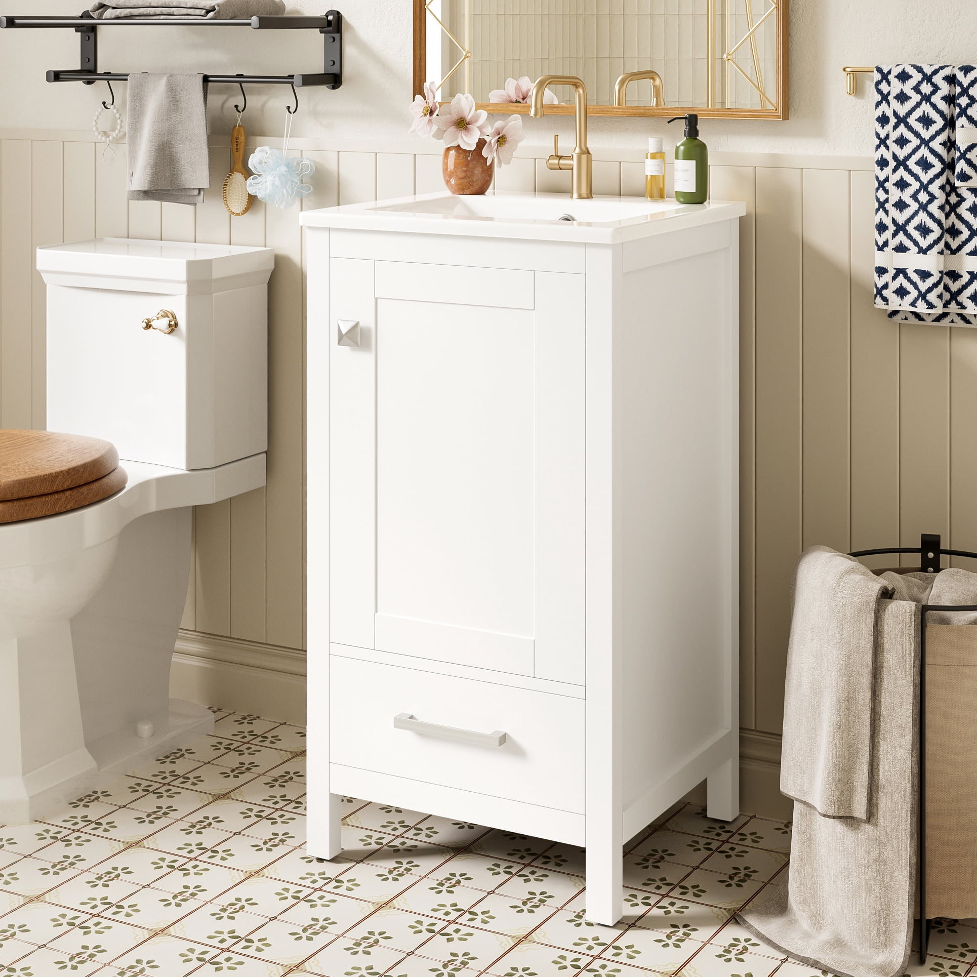 18" Sturdy Wood Small Bathroom Storage Cabinet, Bathroom Organizer Cabinet with Soft Close, Compact Vanity Unit for Small Spaces with Ceramic Sink for Bathroom, White