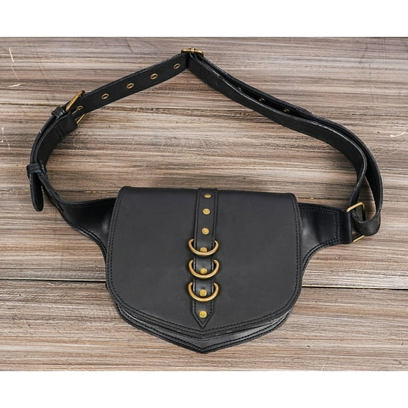 Genuine Leather Waist Bag with Multiple Pockets, Adjustable Belt, Black