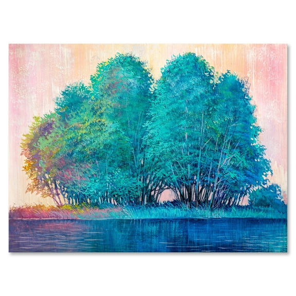 Designart ' Blue Coloured Tree Impression By Lakeside ' Lake House Canvas Wall Art Print