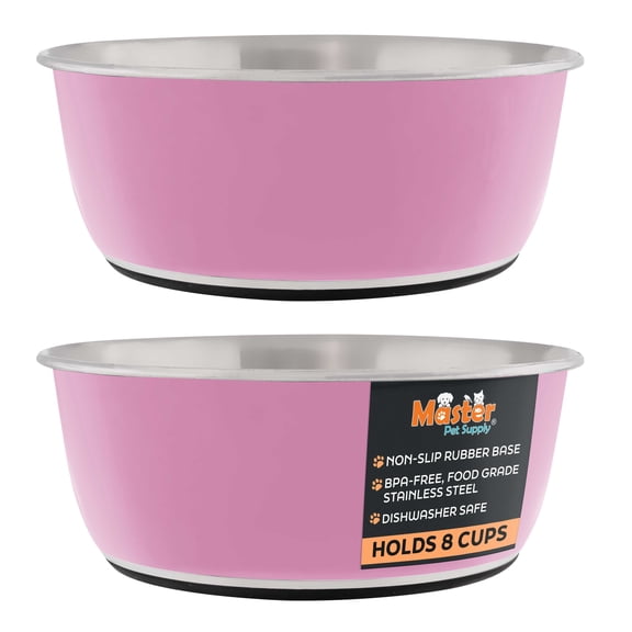 Master Pet Supply Stainless Steel Dog Bowls Set of 2 (64 Oz Each) with Non-Slip Rubber Base - Hyper Pink - Basic Dog Food Bowl Water & Food Bowls for Small Medium Large Dogs & Cats, Metal Dish
