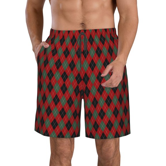 Honeii's Argyle Plaid Print Men's Casual Shorts with Drawstring,Swim Trunks Quick Dry Beach Shorts
