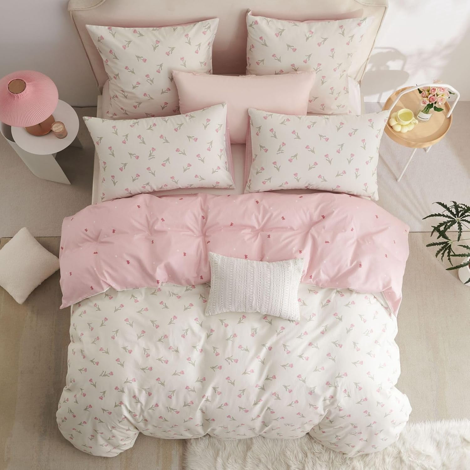 Nayoroom 100% Organic Cotton Duvet Cover Set, 3 Pieces White Pink Floral Flower Tulip Reversible Soft Bedding Set Queen