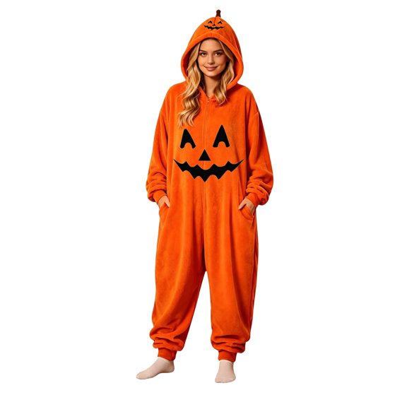 BOOMNY Halloween Flannel Pajamas Jumpsuit for Men And Women Hallowmas Pumpkin Face Graphic Long Sleeve Hooded Pjs Jumpsuit Cozy Warm Loungewear Homewear