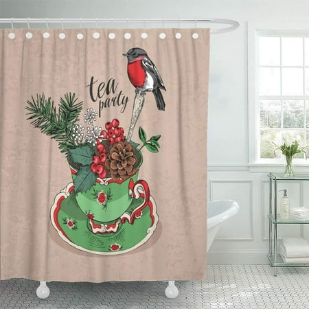 A Cup Of Christmas Tea And Saucer PKNMT Green Beverage Tea Party Christmas with Cup Saucer Spoon and Bird on Kraft Red Cute Bathroom Shower Curtain 66x72 inch ()