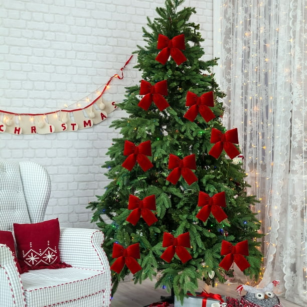 Adorno Navideño de Lazo de Terciopelo Rojo Vino, Grande, Decorativo, Colgante | Decoración para Árbol de Navidad | Adorno Festivo para Bodas | Elegante Regalo de Temporada