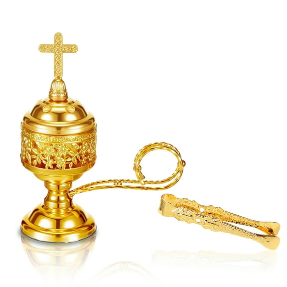 Gold Incense Burner with Tong – Frankincense Charcoal Incense Stand Aromatherapy, Yoga, Spa, Home Decor, and Church Use – Compact & Durable Bakhoor Holder