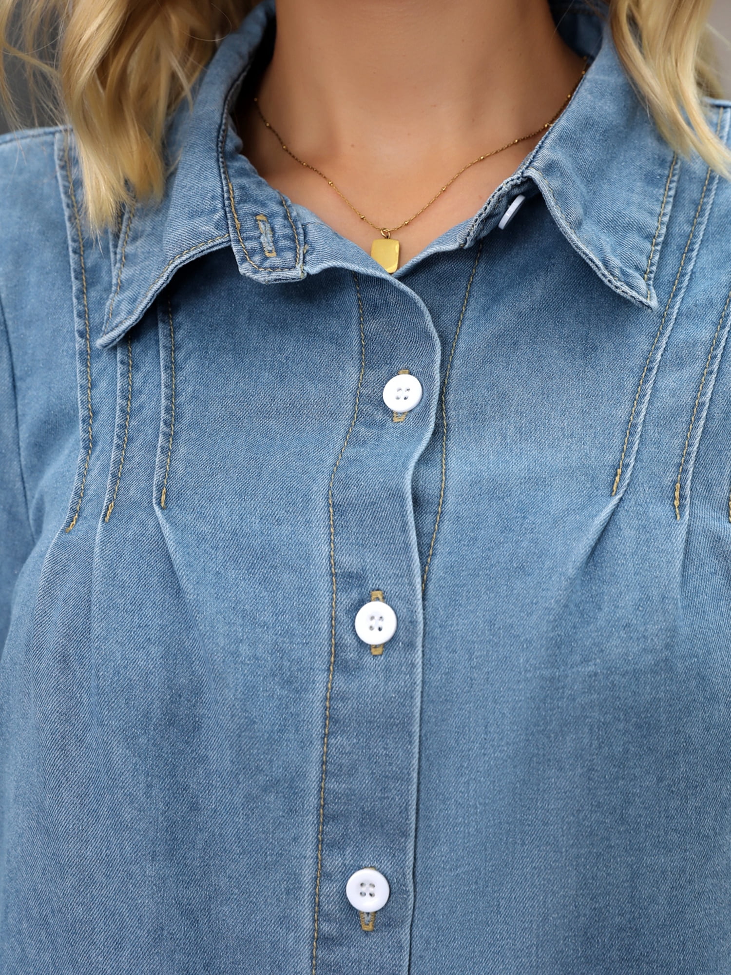 DARING DIVA Women's Denim Pleated Front Puff Long Sleeve Button Down Shirts S Blue