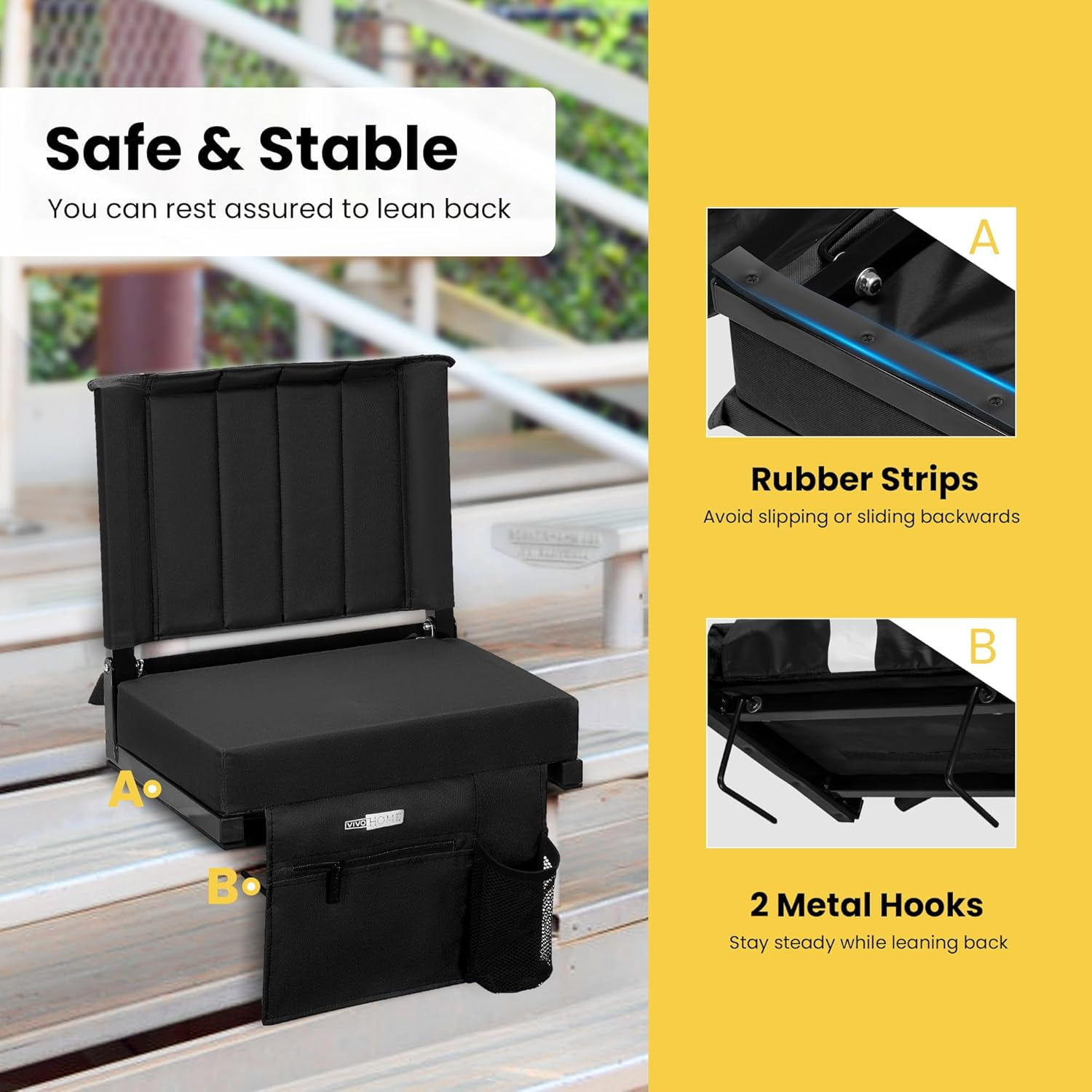 2-Pack Portable Stadium Seat for Bleachers with Back Support, Folding Bleacher Chair with Cup Holder and Shoulder Strap Black