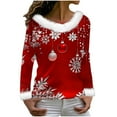 thumbnail image 4 of Christmas Tops for Women Faux Furry Trim Snowflakes Xmas Tree Printed Graphic Tee Shirts Holiday Festive Clothes (XL, Red), 4 of 7