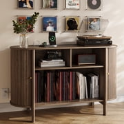 UGTOO Modern TV Stand for 43 Inch TV, 2-in-1 Vinyl Record Player Cabinet with Charging Station, Media Console Table with Sliding Tambour Doors & Dividers, Storage Buffet Credenza for Living Room