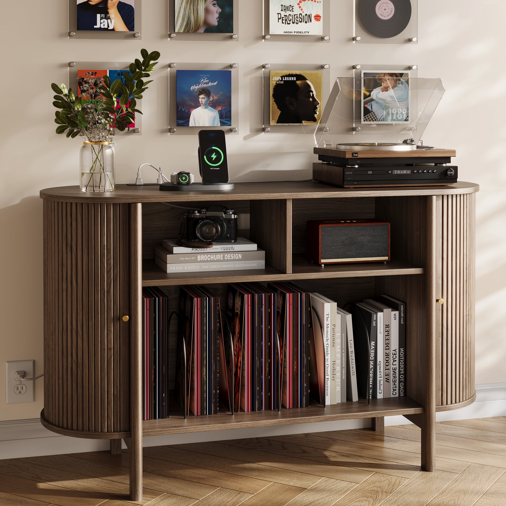 UGTOO Modern TV Stand for 43 Inch TV, 2-in-1 Vinyl Record Player Cabinet with Charging Station, Media Console Table with Sliding Tambour Doors & Dividers, Storage Buffet Credenza for Living Room