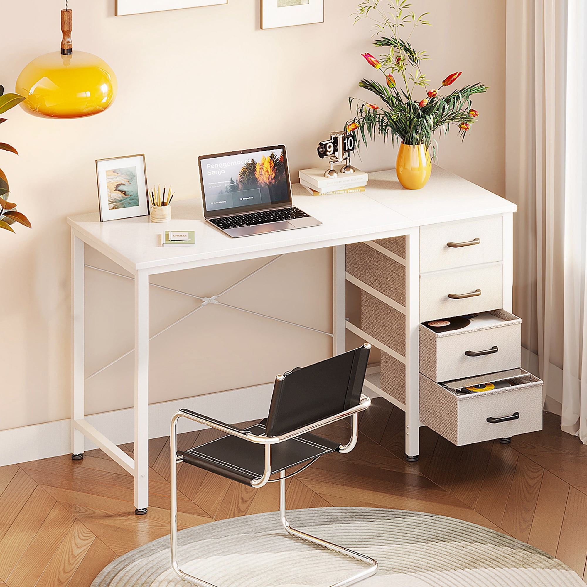 Casacomoda  40 Inch Computer Desk with Drawers , Study Table for Student, Writing Desk for Home Office, Small Table with Drawers, White