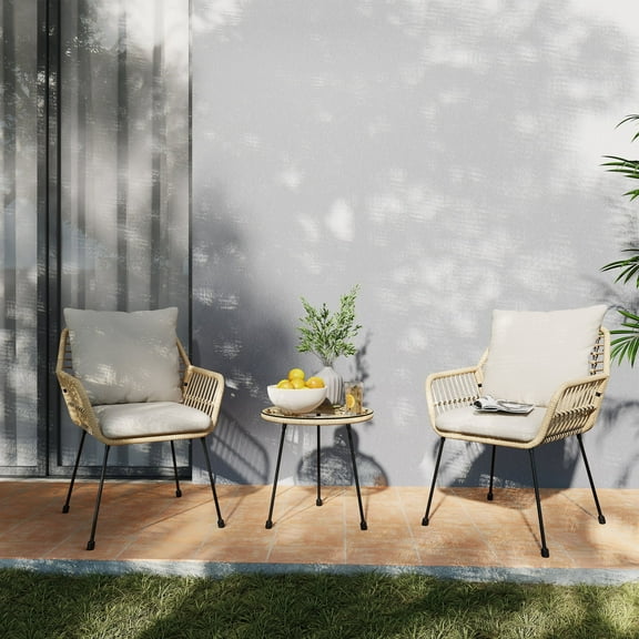 Guyou 3 Pieces Patio Bistro Set, Outdoor Wicker Chair Chat Set with Glass Top Table and Cushions, Rattan Conversation Set for Balcony, Lawn, Garden, Poolside, Beige