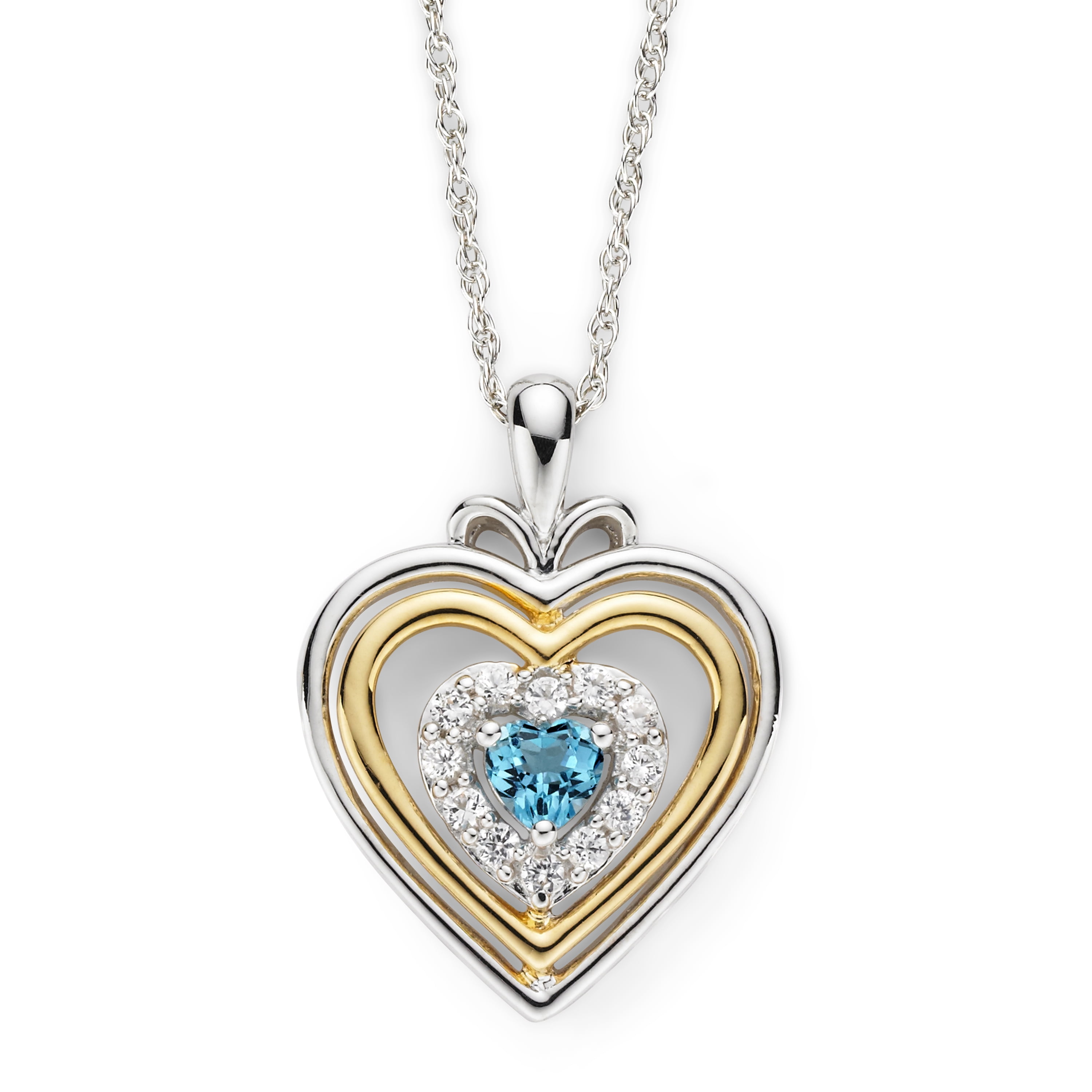 Brilliance 925 Sterling Silver with 14KY Gold Plated Genuine Swiss Blue Topaz and Created White Sapphire Heart Pendant with 18" Chain