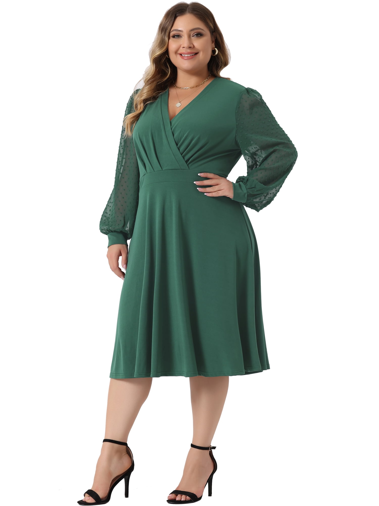 DARING DIVA Plus Size Swiss Dots Wrap V Neck Knee Length Dress 1X Green