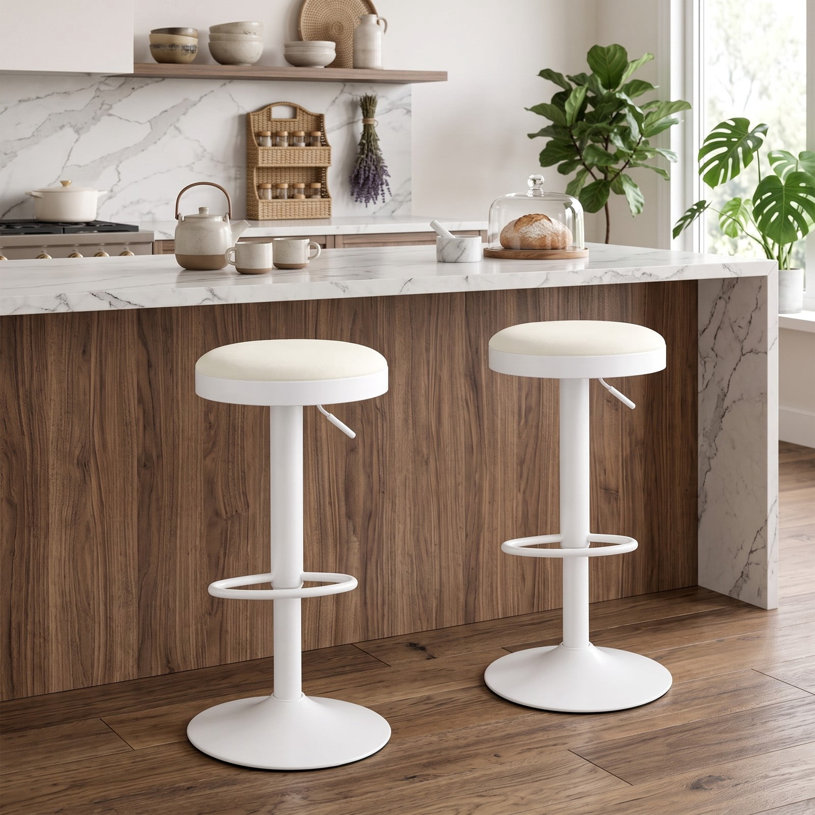 Furnibear Set of 2 Adjustable Kitchen Bar Stools, 360 Swivel Counter Stools with Soft Padded Fabric Seat, D-Shaped Footrest and Non-Slip Base, 330 lb, White