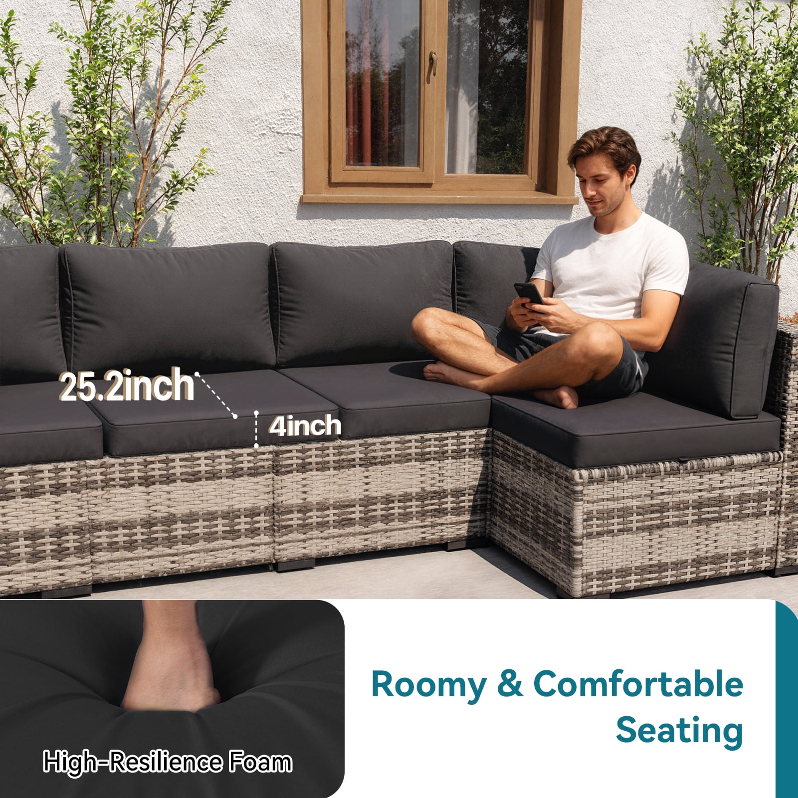 LazySunsets 7 Piece Outdoor Patio Furniture Set, Wicker Rattan Patio Sectional Sofa Set, Black