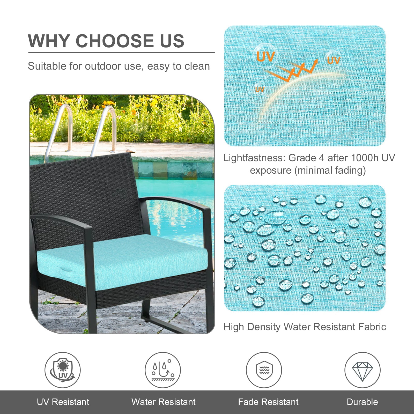 Aoodor Patio Chair Cushions Set of 2, 25 x 25 x 4 Inch Water Resistant Outdoor Seat Cushions with Handle and Ties, Square Corner Cushions for Patio Furniture Garden Lawn, Aruba Blue
