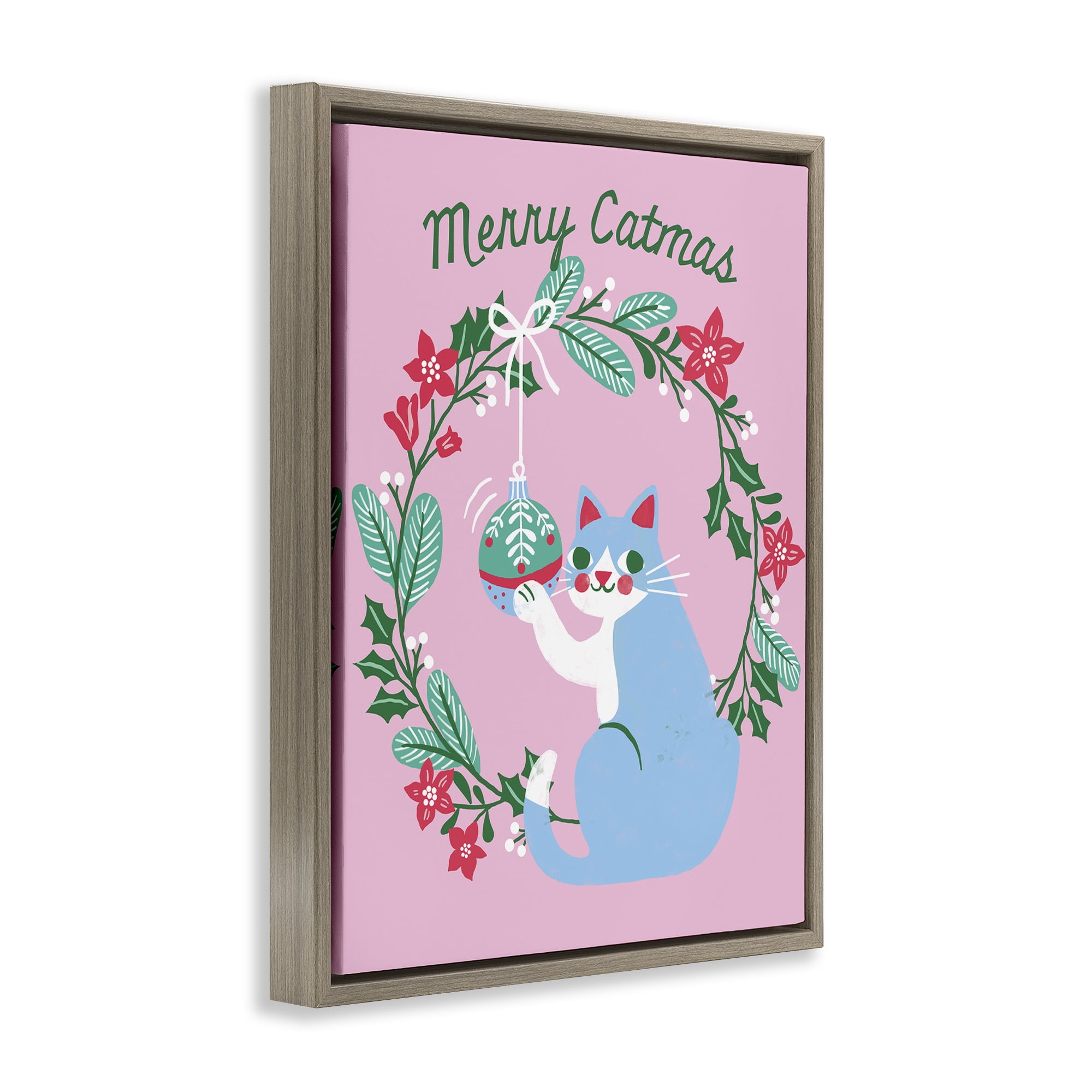 Stupell Industries Merry Christmas Pink Cat Holiday Painting Brown Floater Framed Canvas Art Prints Wall Art, 25 x 31