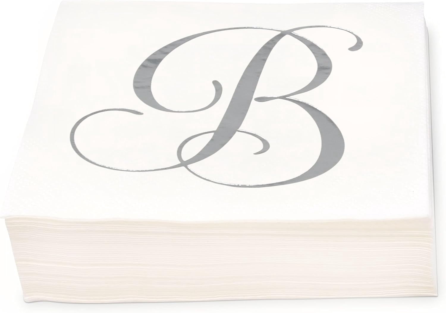 Gift Boutique 100 Silver Monogram Cocktail Napkins Letter B Disposable Paper Pack Elegant Metallic Silver Foil Hand Napkin for Powder Room Wedding Holiday Birthday Party Baby Shower Decorative Towels