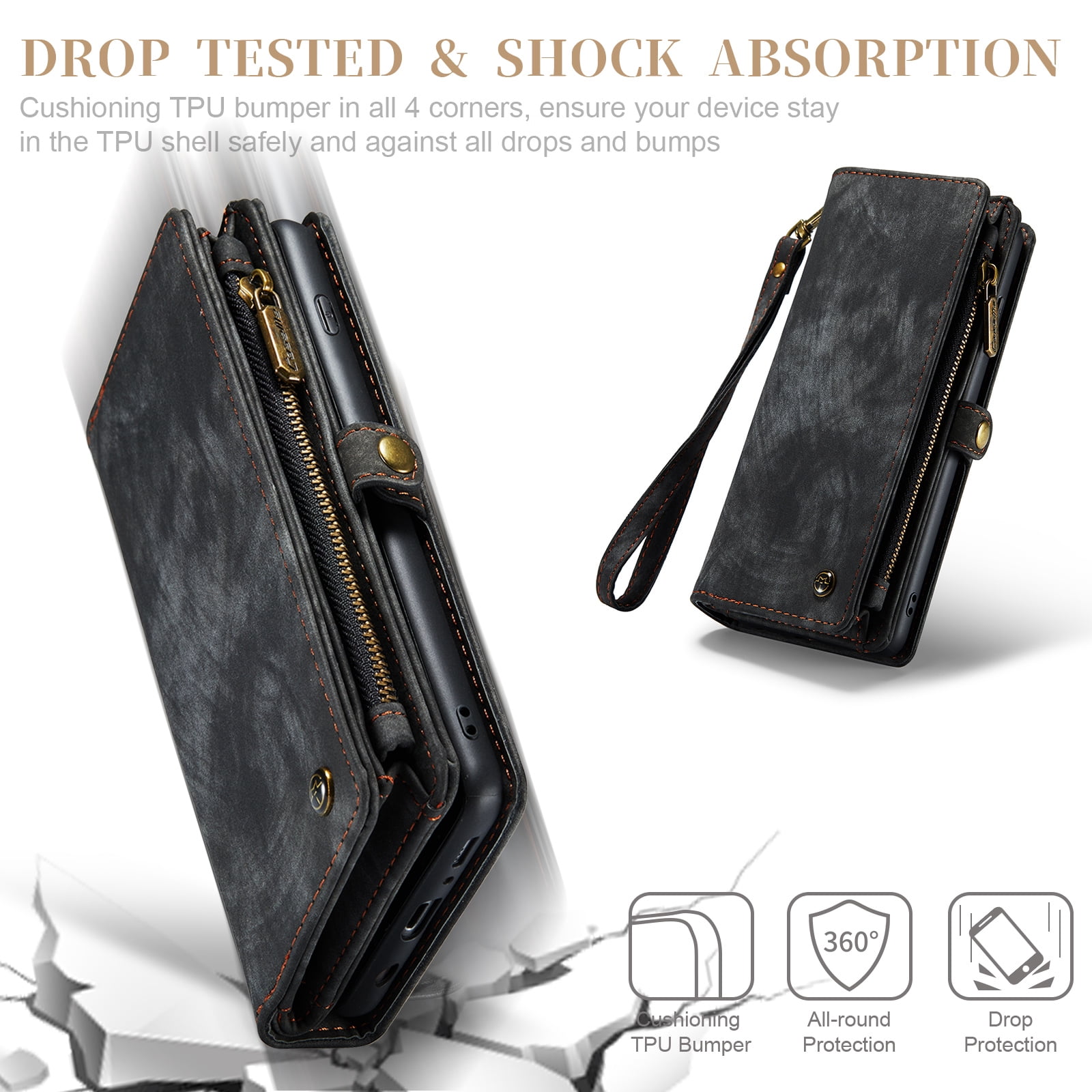 For Samsung Galaxy S10 Wallet Case,Multi-Functional Retro Leather Purse Flip Cover Zipper Wallet Case with Removable Card Slots Pocket & Detachable Wrist Strap Magnetic Phone Case, Black