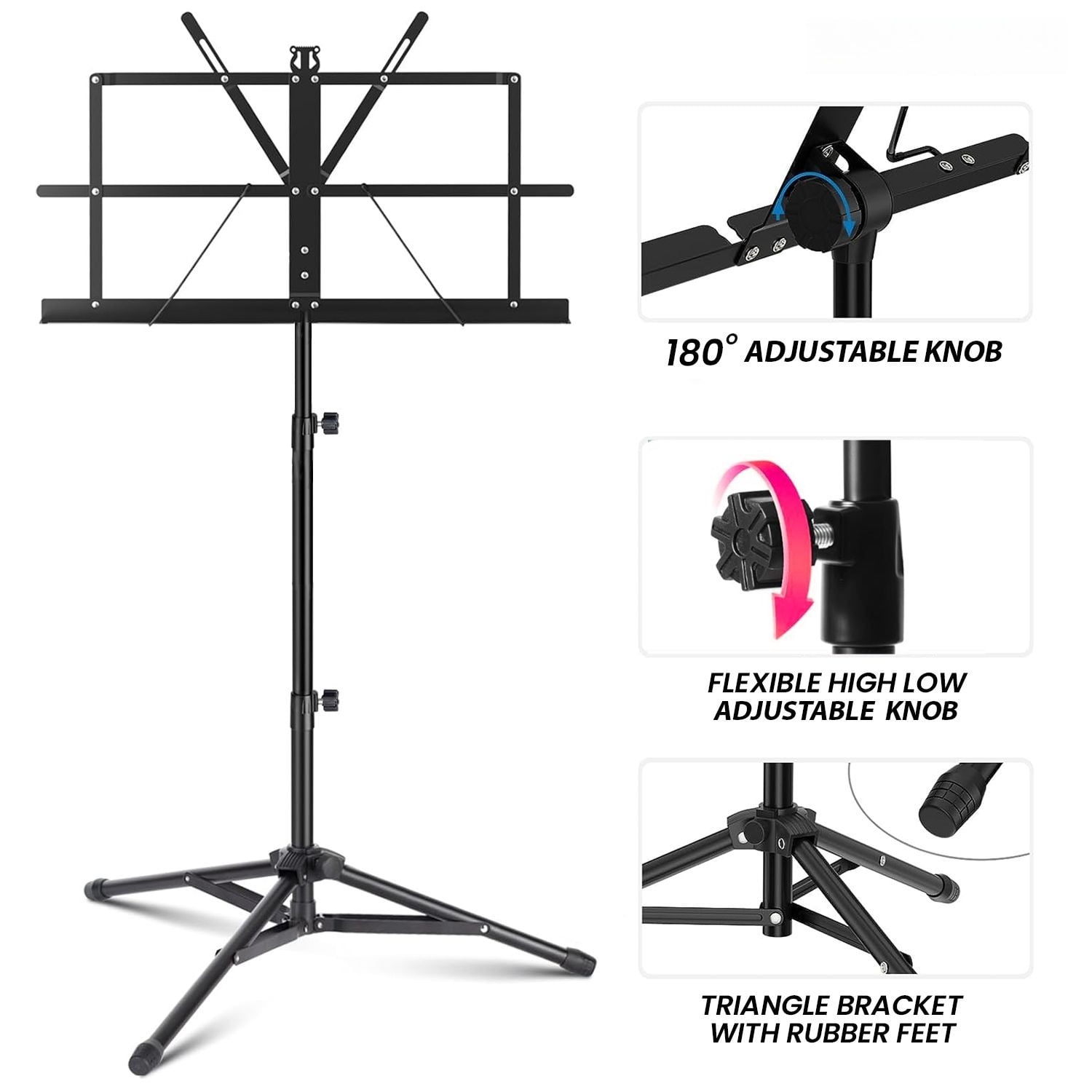 Black Portable Music Stand, Adjustable and Foldable Desktop Bookshelf, Sturdy and Stable, with Anti-slip Pads, Equipped with Storage Bag, Suitable for Schools and Choirs.