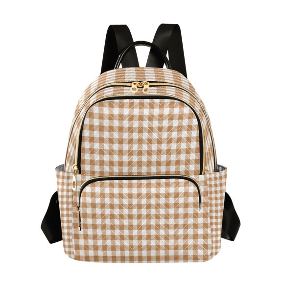 Qxltty Quilted Backpack for Women, Brown Checkered Travel Daypack with Front Pocket for Casual Daily Use