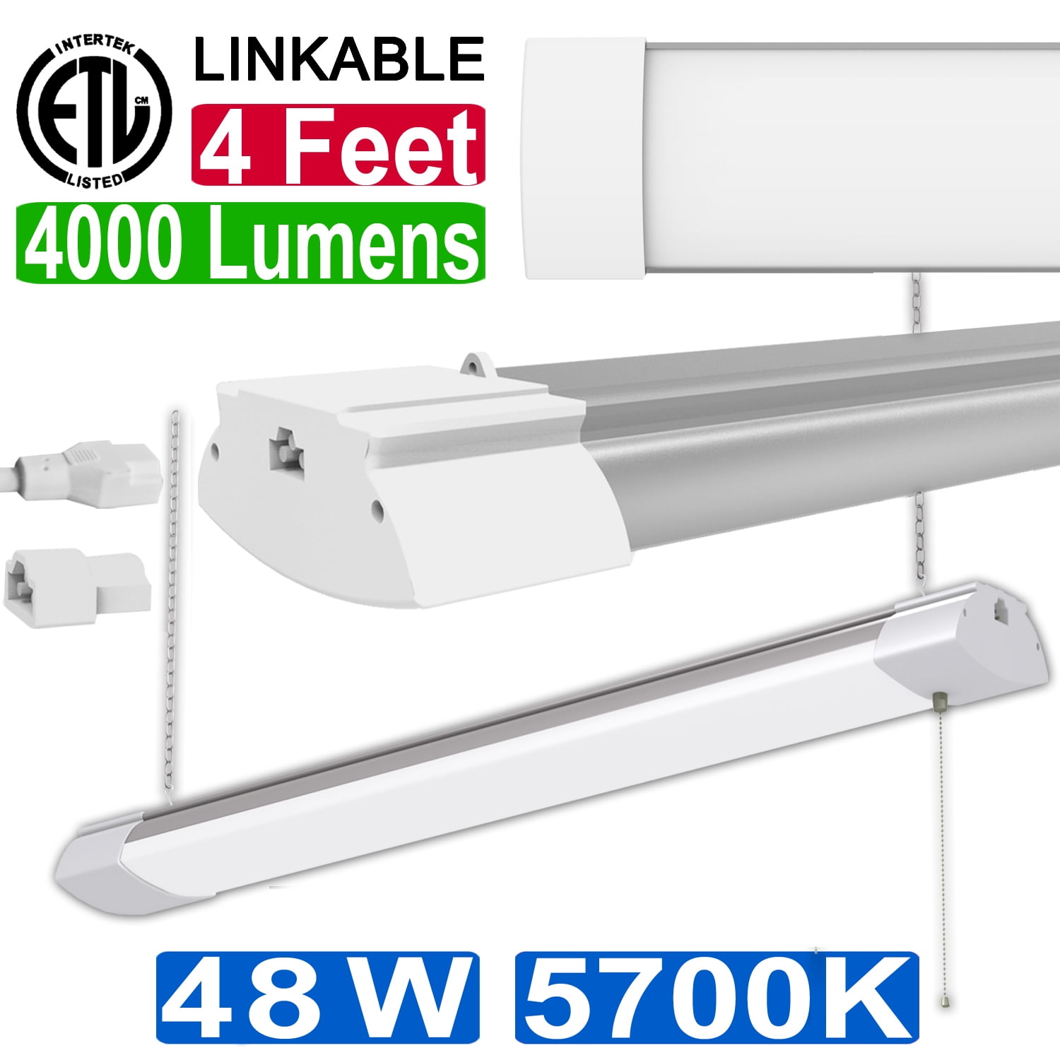 4ft 48W LED Shop Lights, for Garage, Flush Mount Ceiling Light, 5700K Cool White