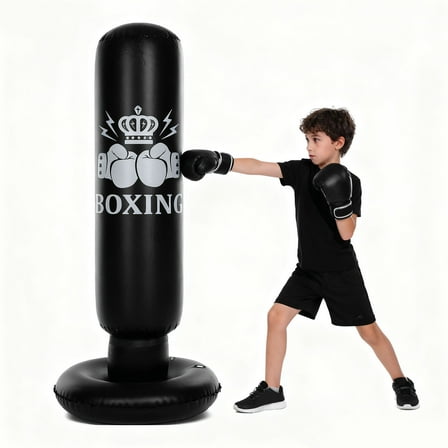 Kids Inflatable Boxing Bag 63in Inflatable Boxing Bag Inflatable Boxing Bag Kids 63in Punching Dummy Post Toy For Karate Taekwondo Mixed Martial Arts Independent Martial Arts Training Target Black