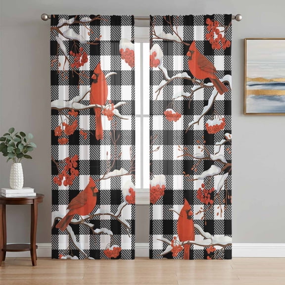 Christmas Cardinal Sheer Curtains 72 Inch Length 2 Panels Set, Winter Xmas Bird Branch Black White Plaid Voile Window Treatment Curtains Sheers Drapes for Bedroom/Living Room/Kitchen 52"x72"x2