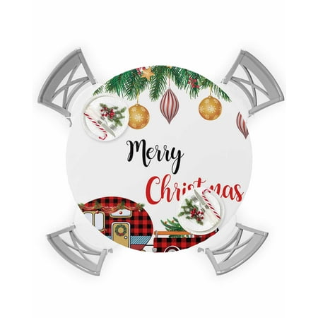 

Round Tablecloth with Elastic Christmas Camper Pine Boughs Colorful Balls Waterproof Stain-proof Table Cover Wipeable Fitted Table Cloths for 55 -60 Round Tables Dining Kitchen Indoor Outdoor Use
