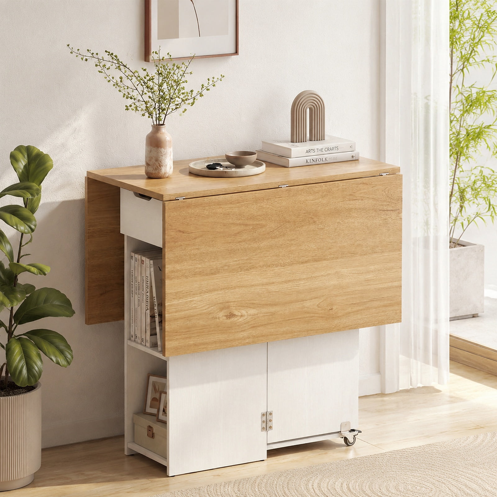 Furnibear 47.5 Inch Farmhouse Extendable Drop Leaf Dining Table with Drawer Shelves and Lockable Wheels for Small Kitchens, Natural