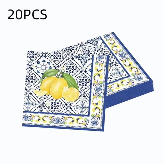 20 Pcs Tiles Lemons Paper Napkins 6.5 x 6.5 Inches, Blue Yellow Fruit Theme Disposable Luncheon Dinner Party Napkins Cocktail Napkin for Wedding Bridal Shower Summer Party Decorations