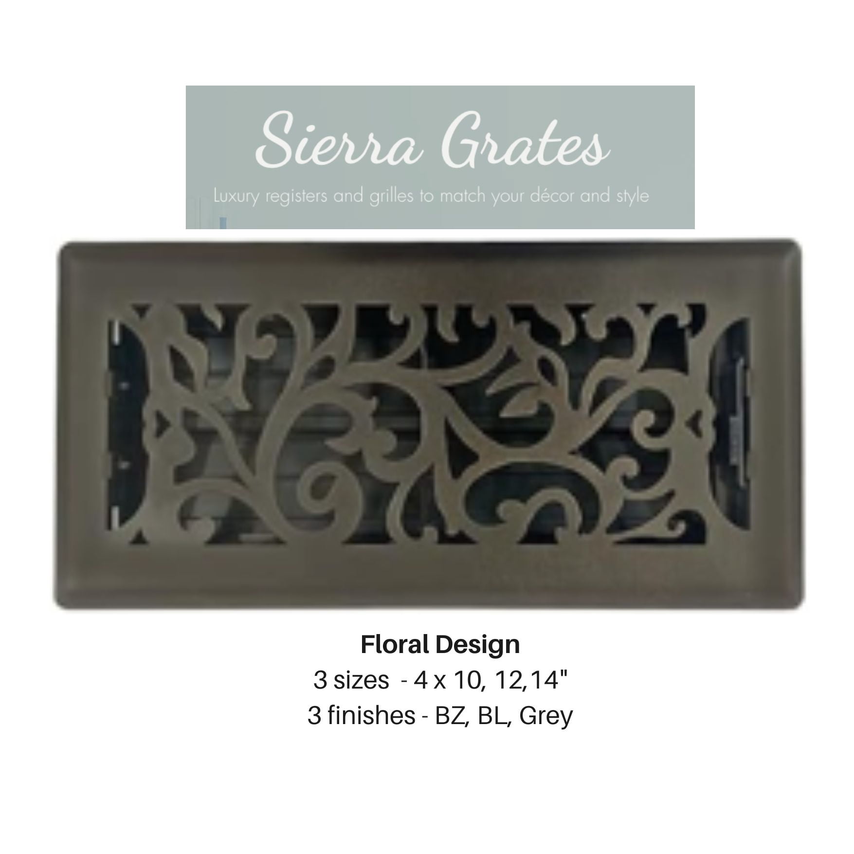 Sierra Grates FR08-414-0201 4" x 14" Cast Iron Black Floral Floor Register (FLR414-BLK)
