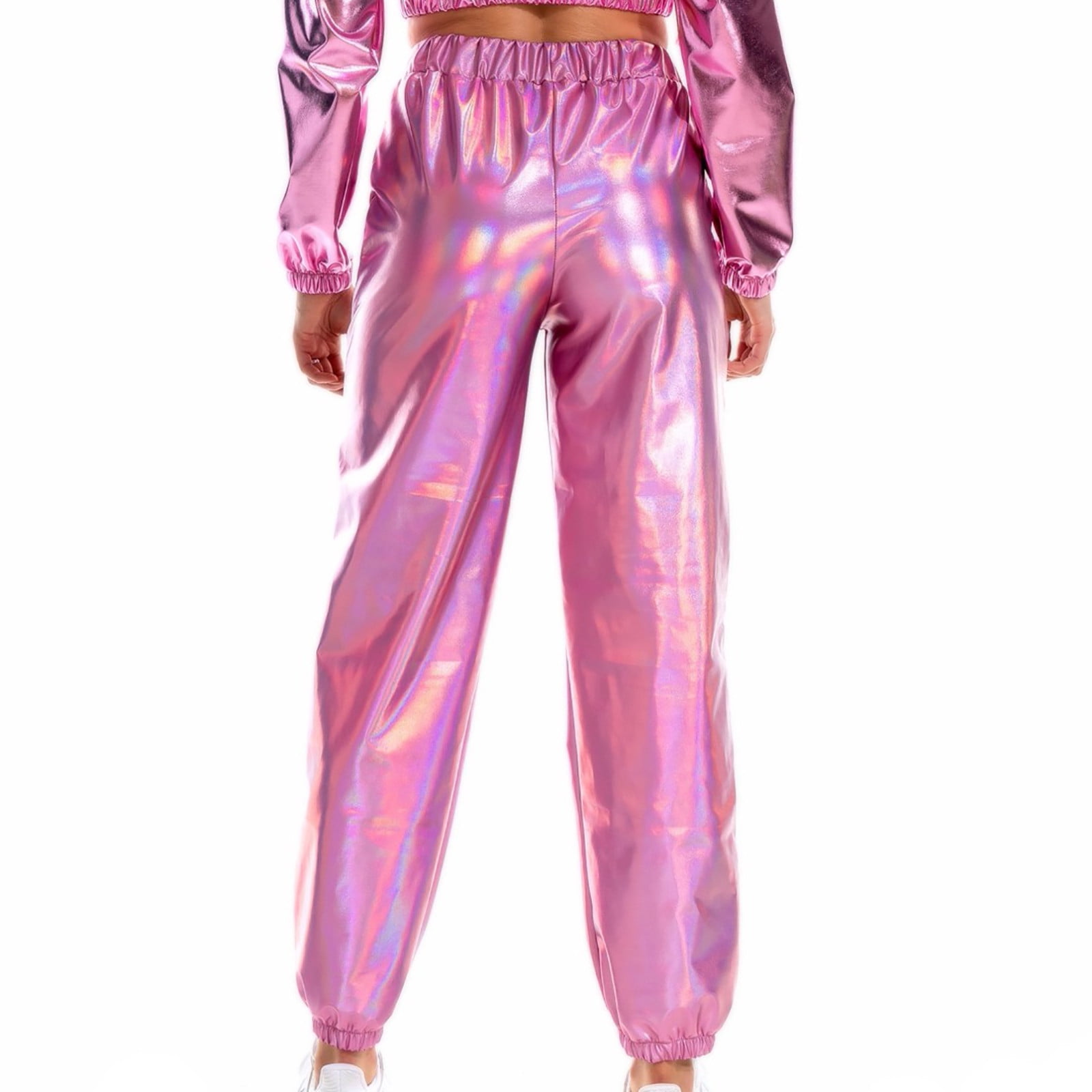 Womens Shiny Metallic High Waist Stretchy Jogger Pants Hip Hop Club Wear Holographic Trousers Sweatpant