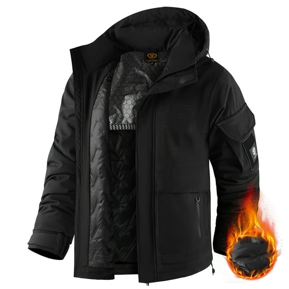 LEDUNTINO Men's Winter Jacket With Hood Water-Resistant Casual Coat Composite Fleece-Lined Outdoor Apparel For Cold Weather