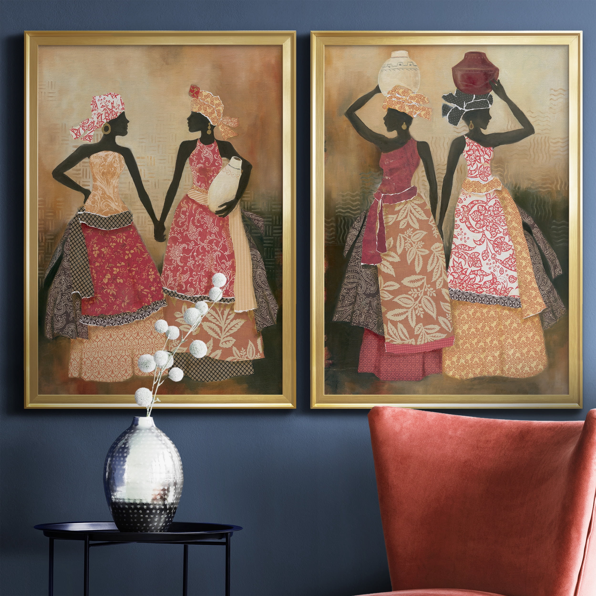 2 Piece Set Village Women I Premium Framed Canvas - Ready to Hang - 26.5 x 36.5 Each - Gold Frame